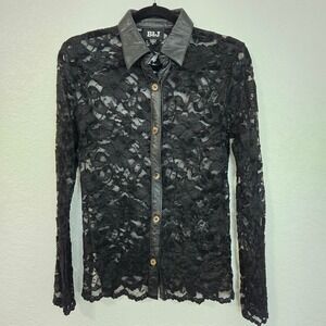 B&J M Y2K Black Lace Leather Collar‎ Button Up Long Sleeve Vintage Blouse